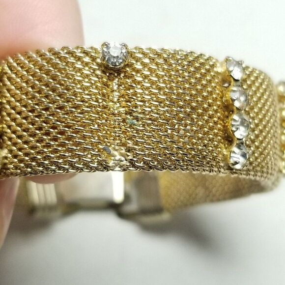 Vintage Gold Tone Mesh Bangle Bracelet with Rhinestone Stripes, Estate - Picture 3 of 6